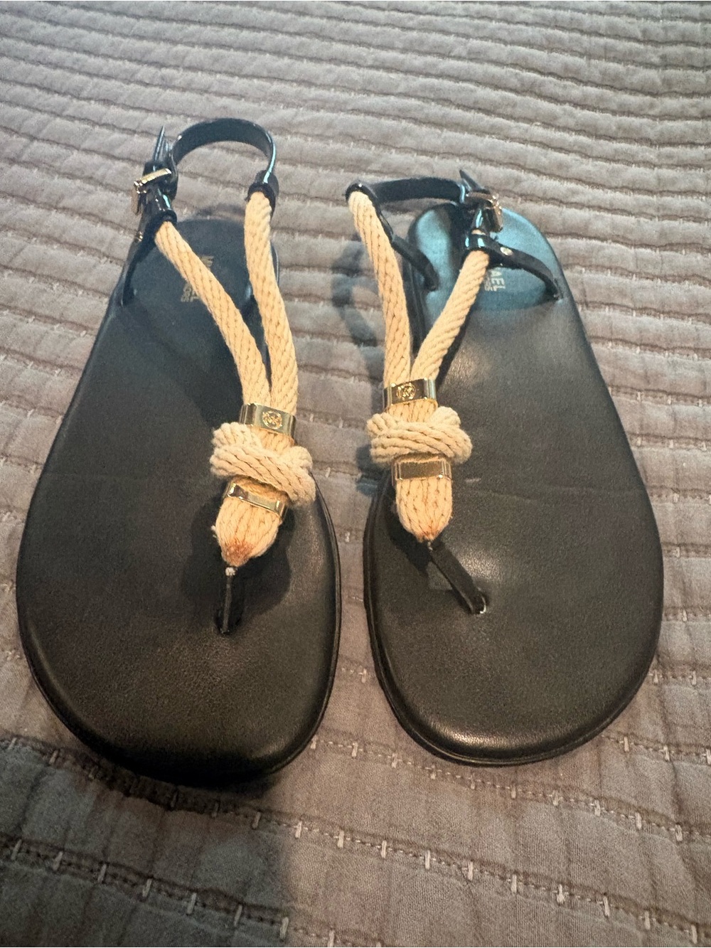 Michael Kors Black Flat Sandals with Cream Rope Detail